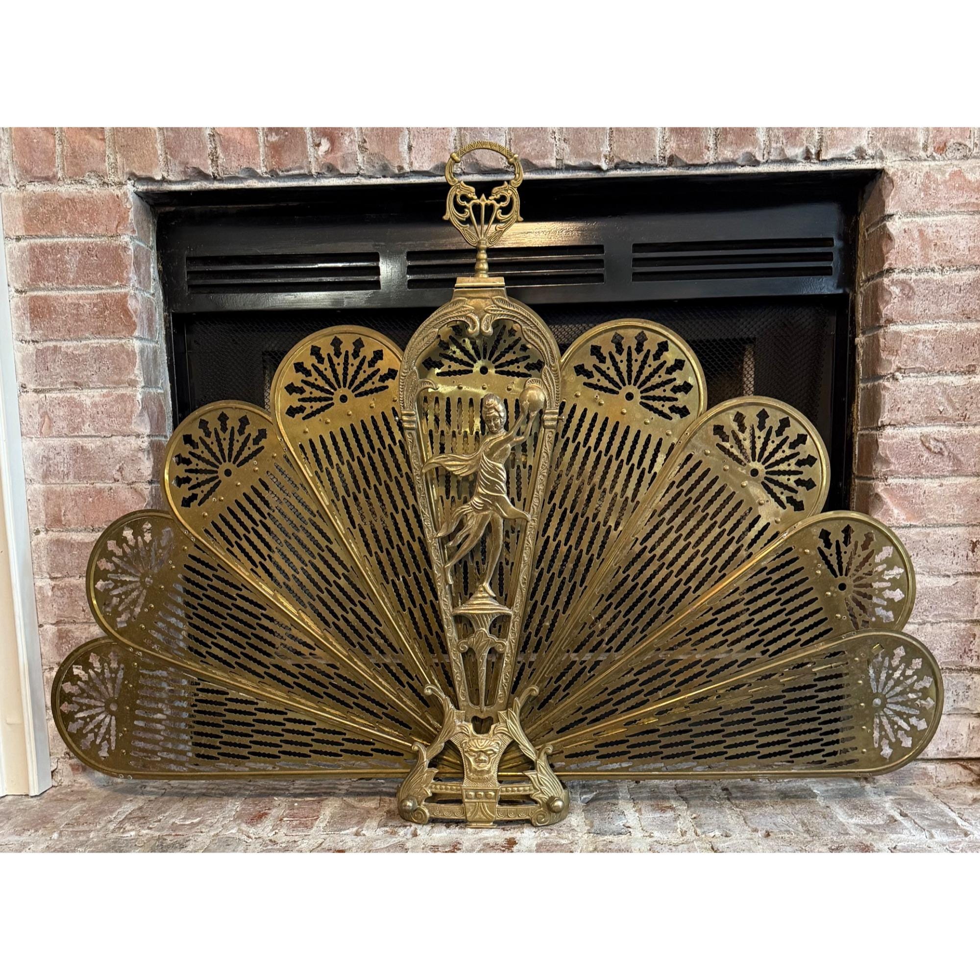 XL Vintage Art Deco Fireplace Screen Brass Ornate Peacock Folding Fan ...