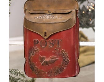 Vintage Style Distressed Metal Garden Post Box Rusty Red Bird Farmhouse Cottage