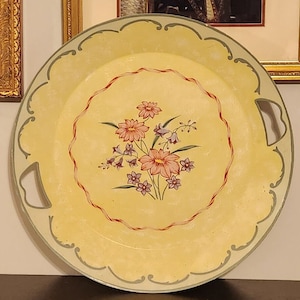 Vintage Round Toleware Hand Painted Tole Yellow Green Pink Lilac Metal Tray, Toleware Tray, Floral, Flowers, Folk Art, Cottage, Farmhouse
