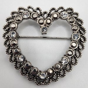Vintage Silver Tone and Clear Rhinestones Heart Brooch / Pendant, open heart, wedding heart pin, Valentine&#39;s day, Valentine&#39;s brooch, gifts