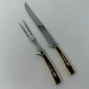 Carving Set Knife & Fork REF6 Regent Sheffield Stainless Wood Grain Design Cream Accents