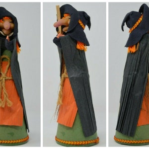 Vintage Witch Halloween Figurine 9&quot; Tall - Black Crepe Paper & Felt Decor - German Collectible