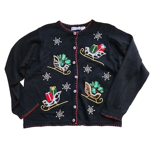 Vintage Christmas Cardigan Sweater Sequins Bling, Sleighs, Gifts, Snowflakes Novelty, Medium Sweater, Ugly Christmas, Tacky Christmas