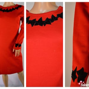 Sweater Dress sz XS / Small RED & Black Velvet Leaves Floral Trim STUNNING Vintage 80s Warren Knits for Marisa Christina