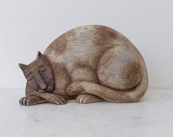 Vintage Marsha Mccarthy Clay Sleeping Cat Figurine, Handcrafted