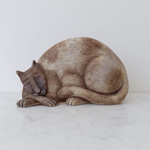 Vintage Marsha Mccarthy Clay Sleeping Cat Figurine, Handcrafted
