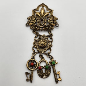 Vintage Lock Key Charms Large Dangle Brooch Brass Red Green White Gemstones, Whimsical, Hand made?