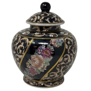 Vintage Japanese Chinese Black Porcelain Ginger Jar Lid Hand Painted Floral Pink Gold Design Japan Asian Ceramic Urn, Porcelain ginger jar