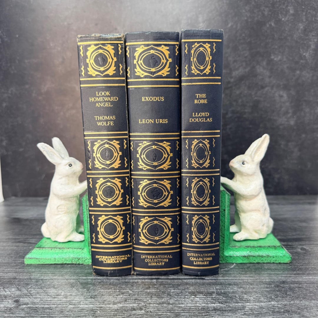 White Rabbit Bookends Cast Iron Bunny Pair Green Base Vintage Cottage ...