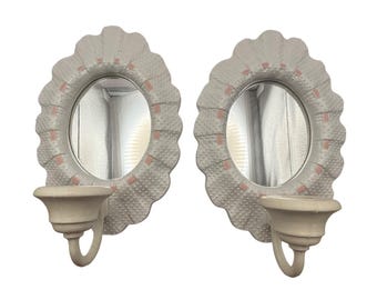Pair of Vintage Wall Mirror Candle Sconces, Oval White Mirrors with Pink Accents, Shabby Chic Wall Decor, Decorative Use Only