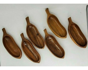 6 vintage MCM snidade träskålar med apor och bananformade handtag, fruktfat, mitten av århundradet, Tiki Bar, Hawaii, tropisk, Hawaiiansk, Vintage, Luau,