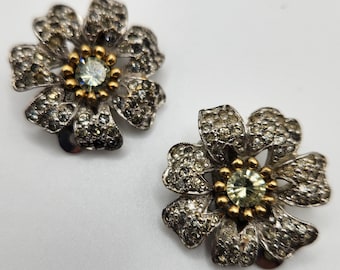 Vintage Jomaz Designer Silver Tone Rose Flower Rhinestone Earrings, Clip On, Clip-on Earrings, Vintage Earrings, Statement Earrings, Large