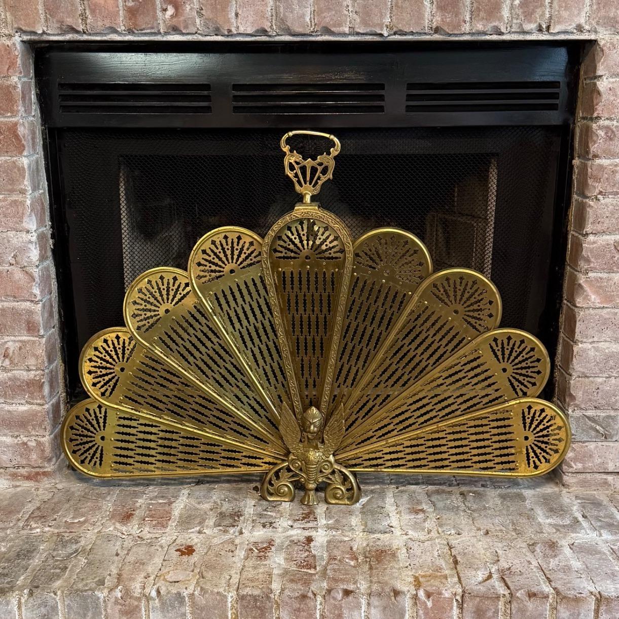 Vintage Brass Peacock Fireplace Screen Cover GRIFFIN Folding Fan