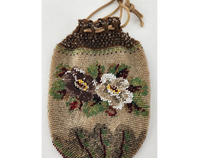 Antique Victorian Micro Beaded Drawstring Purse With Floral Design ...