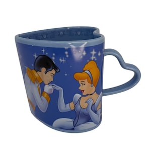 Vintage Disney Cinderella Prince Charming Fairy God Mother Heart Shaped Blue Ceramic Coffee Tea Mug