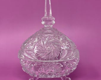 Vintage Pedestal Heavy Thick Crystal Glass Candy Dish w/ Lid Tall Spire Handle, Elegant Large Covered Candy Dish Pressed Cut, Swirl Pinwheel