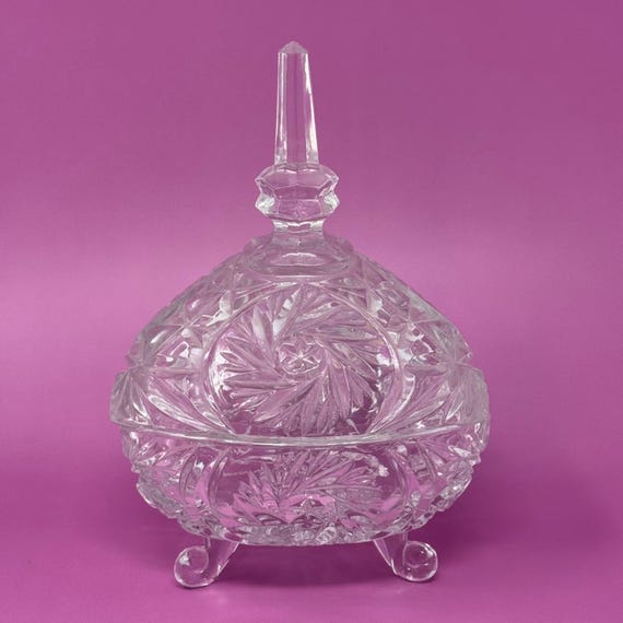 Vintage Pedestal Heavy Thick Crystal Glass Candy Dish w/ Lid Tall Spire Handle, Elegant Large Covered Candy Dish Pressed Cut, Swirl Pinwheel