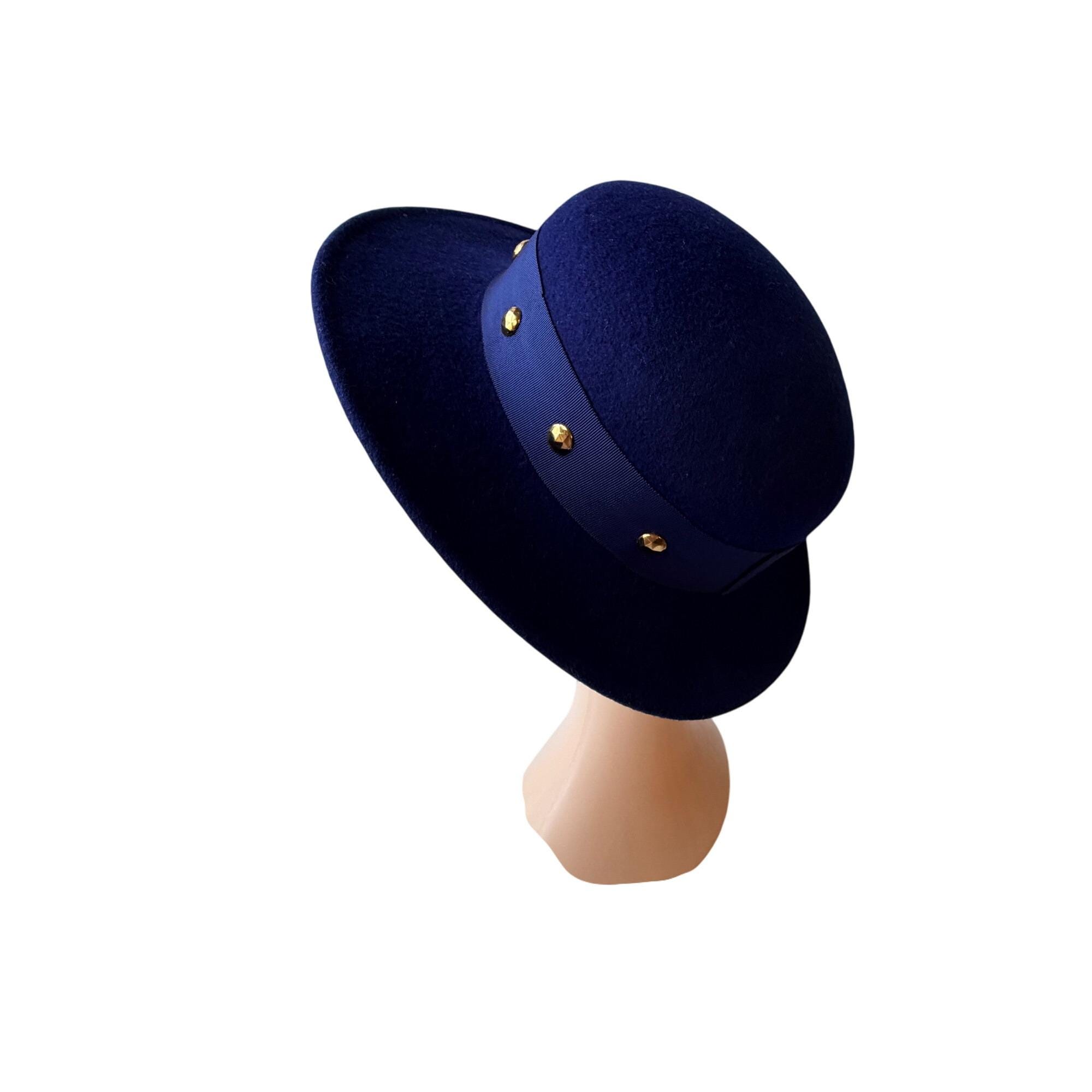 Vintage 1960s Navy Wool Wide Brim Hat With Ribbon & Gold  display picture 1
