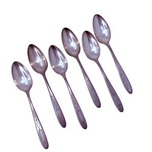May include: Six silver spoons arranged diagonally across the frame. Each spoon has an oval bowl and a long, slender handle with decorative etching. The spoons are made of a shiny, reflective metal, likely stainless steel or silver.