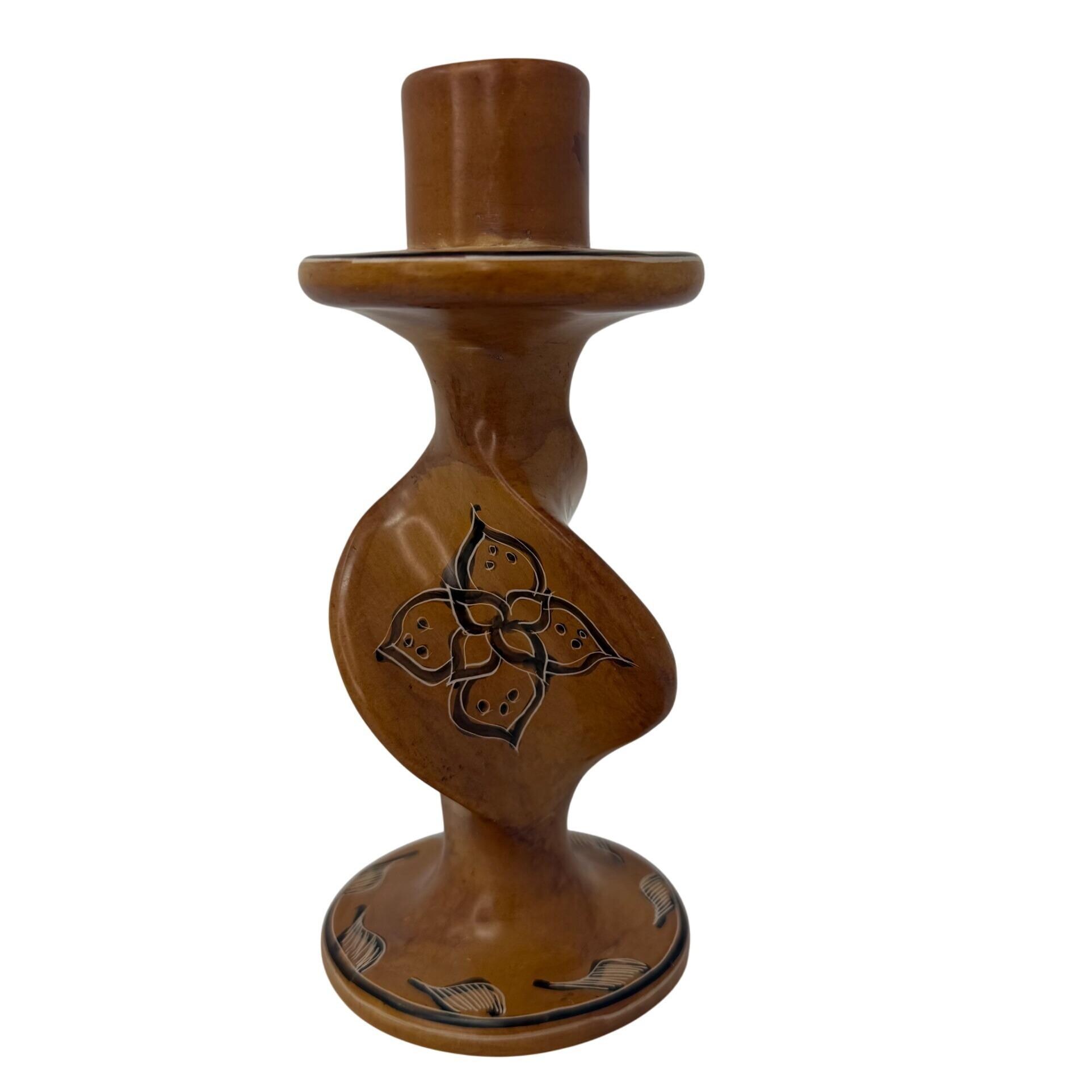 Vintage Hand Painted Spiral Candlestick Holder Natural Soapstone Swirl Candle Holder African Kenyan? Fish, Floral, Altar Decor
