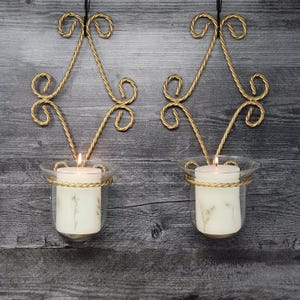 Vintage Pair Mid-Century Gold Brass Twisted Rope Wire Candle Holders MCM Candle Sconces, Set 2, Double Votive or Pillar Candle Sconce, Homco