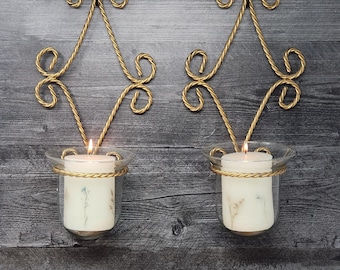 Vintage Pair Mid-Century Gold Brass Twisted Rope Wire Candle Holders MCM Candle Sconces, Set 2, Double Votive or Pillar Candle Sconce, Homco