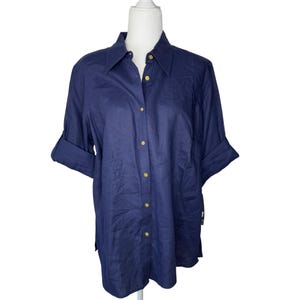 Womens Vintage NEW 1X Lauren Ralph Lauren Roll Tab Sleeve Linen Shirt Navy Blue, New with tags, NWT
