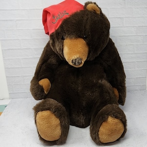 Vintage 1980 Singi Filene&#39;s Feelix Navidad Papá o Mamá Oso de Peluche Animal de Peluche, Oso de Peluche de Navidad, Gorra de Medias