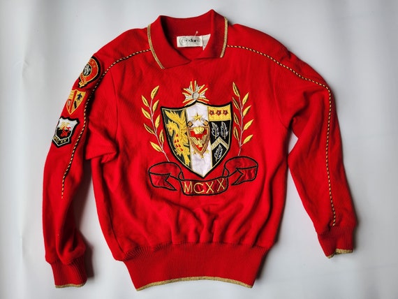 Vintage 80s 90s Medium Sweater Red CREST Gold Bli… - image 1