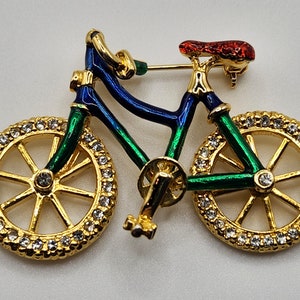 Vintage Brooch Pin Bicycle Rhinestone Articulated Wheels Red Blue Green Enamel Large Whimsical Fun! Colorful