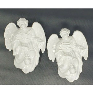 Set 2 Vintage White Ceramic or Porcelain Angel Wall Pockets dated 1993 Omnibus