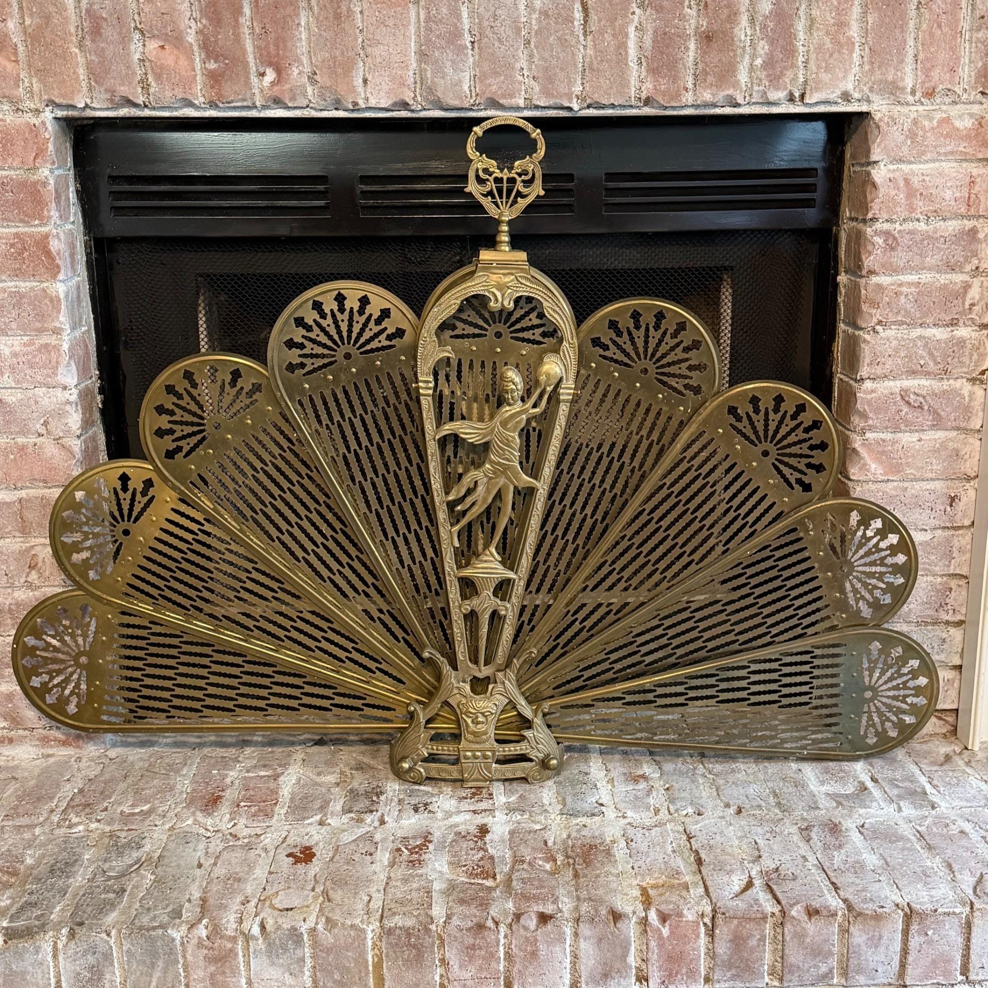 XL Vintage Art Deco Fireplace Screen Brass Ornate Peacock Folding