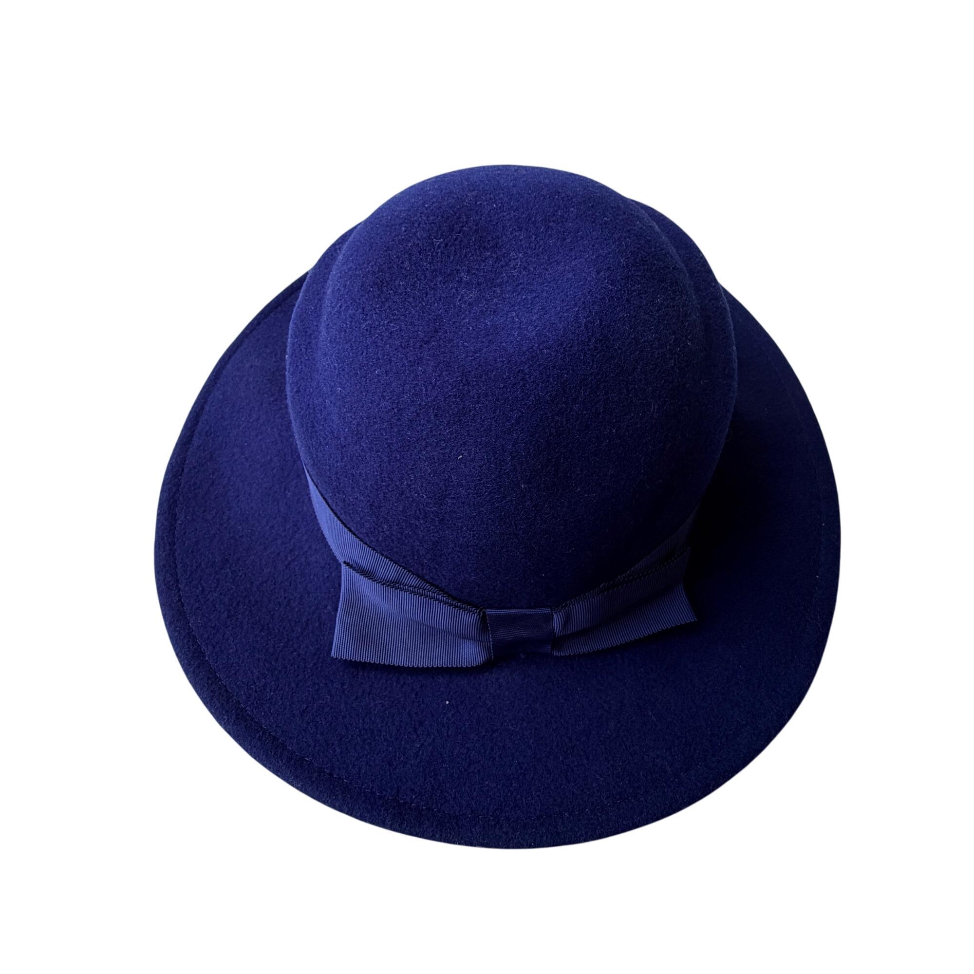 Vintage 70s Navy Wool Women\'s Wide Brim Hat Ribbon Bow Trim Arlin Kentucky Derby Vintage 1970s Navy Wool Women main image 2