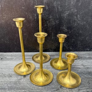 Set 5 Vintage Solid Brass Graduated Height Candlesticks Taper Candle Holders Mid Century, Vintage Brass, Vintage Candlesticks