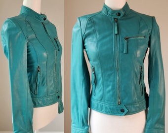 Wilson's Women's Vintage Sea Green Teal Blue Cafe Racer Leather Motorcycle Moto Jacket XXS - XS, Worn Leather Jacket, Faded Leather Jacket