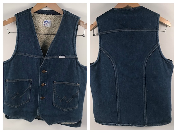 Vintage Wrangler Mens Sherpa Lined Denim Vest Blue