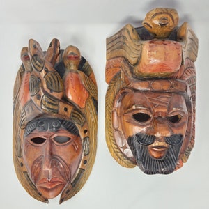 Vintage Pair Mayan Aztec Wood Wooden Hand Carved Painted Ceremonial Face Mask, Mayan Warrior, Wall Decor, Mayan Art, LARGE 15.5"H 10"W 7"D