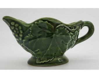 Vintage Olfaire Portugal Green Gravy Boat Embossed Flowers & Leaves Vintage Art Pottery, vintage majolica, olfaire ceramic, olfaire majolica