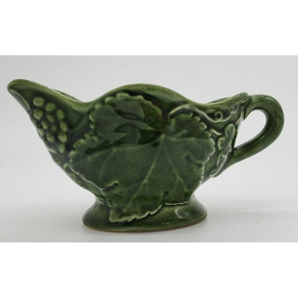 Vintage Olfaire Portugal Green Gravy Boat Embossed Flowers & Leaves Vintage Art Pottery, vintage majolica, olfaire ceramic, olfaire majolica