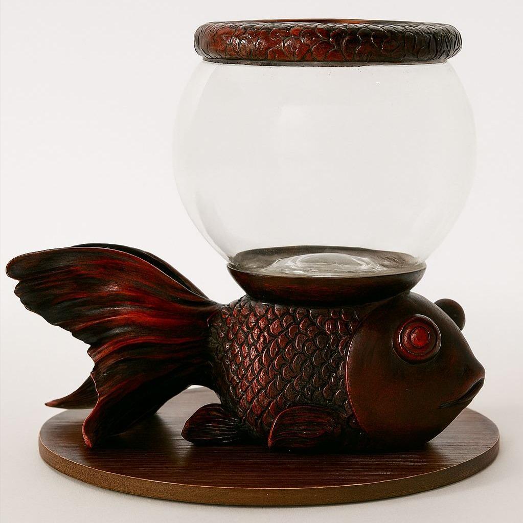 Japanese Fish Bowl Sculpture – Vintage Resin Wood Look Koi Planter