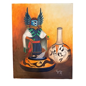 May include: A painting featuring a kachina figure with blue face paint, black wings, and a white shawl, standing behind a black and orange bowl with a corn cob and a tall, round, cream-colored pottery vessel with black and orange geometric patterns.