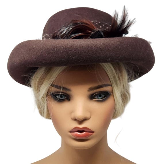 Vintage Meril Brown Felt Hat Feather & Veil Accent, 1950s  display picture 3