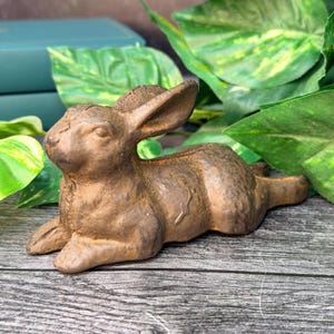 May include: A cast iron rabbit figurine with a weathered brown finish. The rabbit is depicted in a resting, prone position with its ears extended backward. The surface texture is rough and uneven, showing signs of oxidation and aged metal patina.