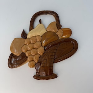 Vintage Hand crafted 3D Marquetry Wood Art Fruit Basket Wall Plaque