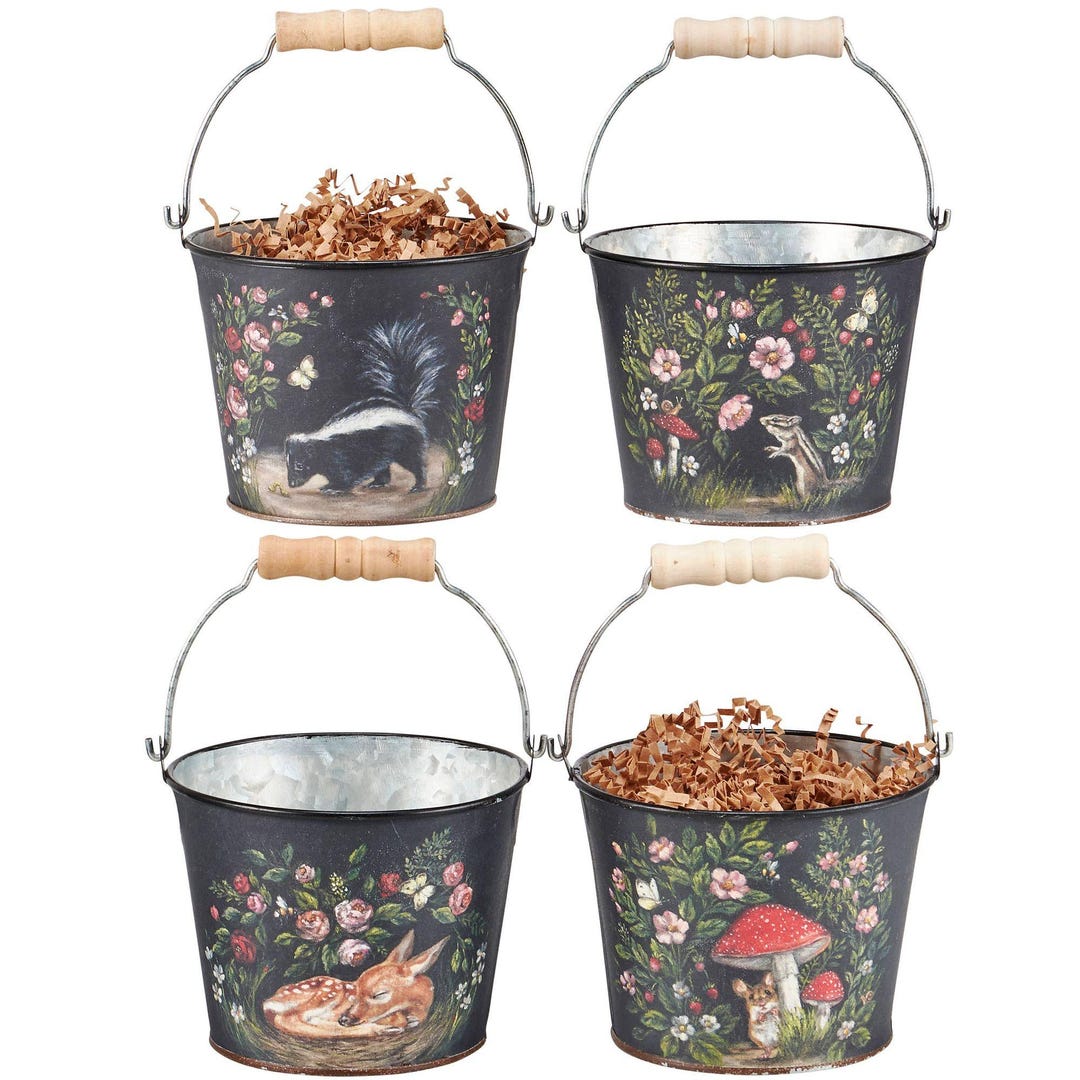 Animal Bucket Woodland Animal Bucket Set Metal Planters Spring Decor Moody Garden ...