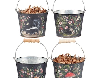 Set houten dierenemmers metalen plantenbakken lentedecor Moody Garden Pasen