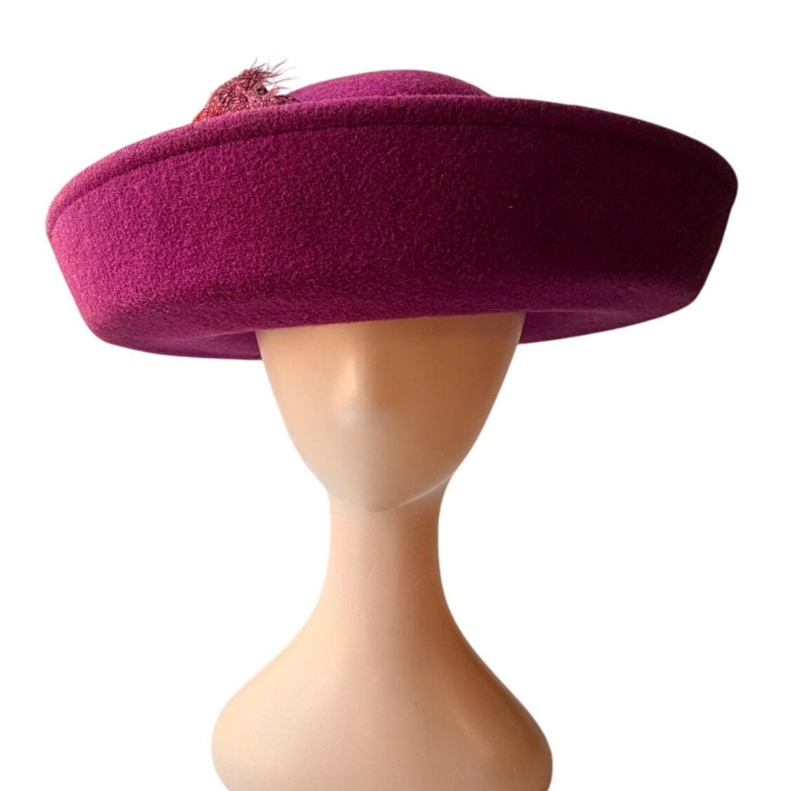 Vintage Magenta Wool Wide Brim Hat With Feather Accent 