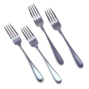 May include: Four stainless steel forks with a classic design. Each fork has four tines and a smooth, elongated handle. The forks are arranged diagonally against a white background, showcasing their polished finish.
