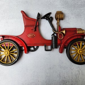 Vintage Sexton Wall Hanging Red Car Metal Décor Plaque Antique Motor Car USA 18.5&quot; x 10.5&quot; x 1&quot;