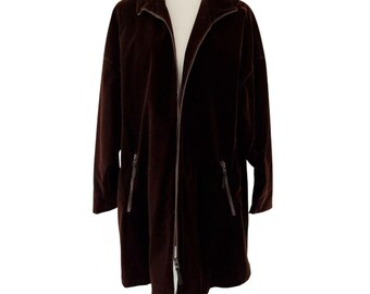 Hilary Radley Vintage Braun Samt Reißverschluss vorne Mantel Damen Größe 6, Hergestellt in Kanada, Longline Jacke, Klassische Retro Oberbekleidung
